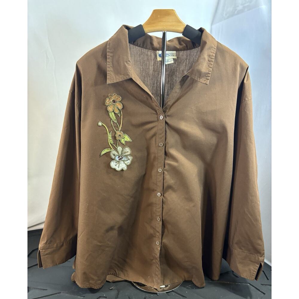 Las Olas women Blouse Size 2X button up shirt Brown Floral Vintage